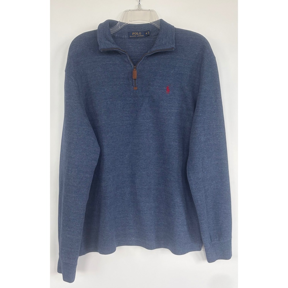 Polo Ralph Lauren Quarter Zip Sweater Blue Cotton Knit Mens Medium Red Pony Prep